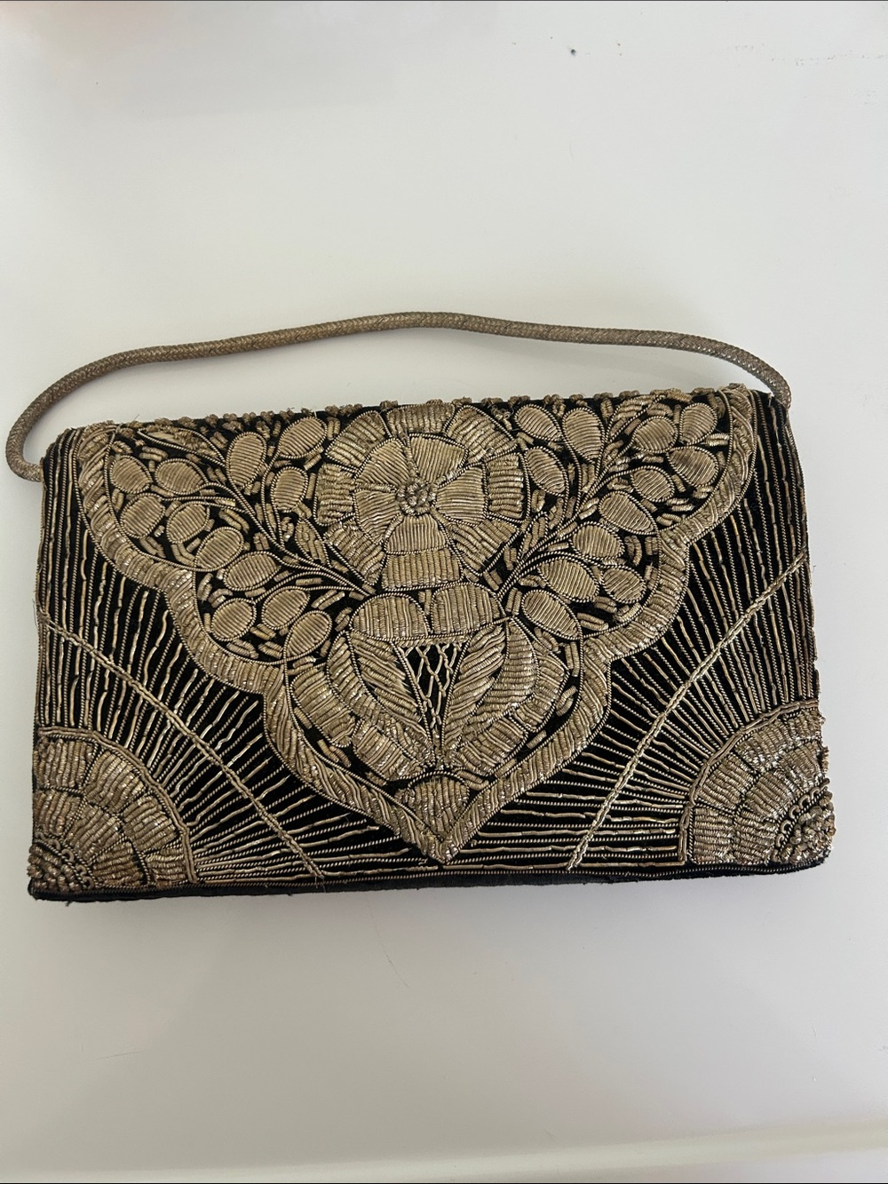 Vintage Black velveteen and Gold hand Embroidered Evening Clutch.  Made in India